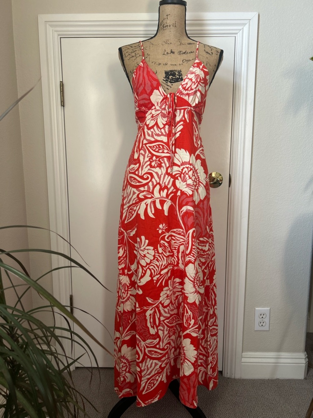Women’s linen blend Red Floral Maxi Dress
